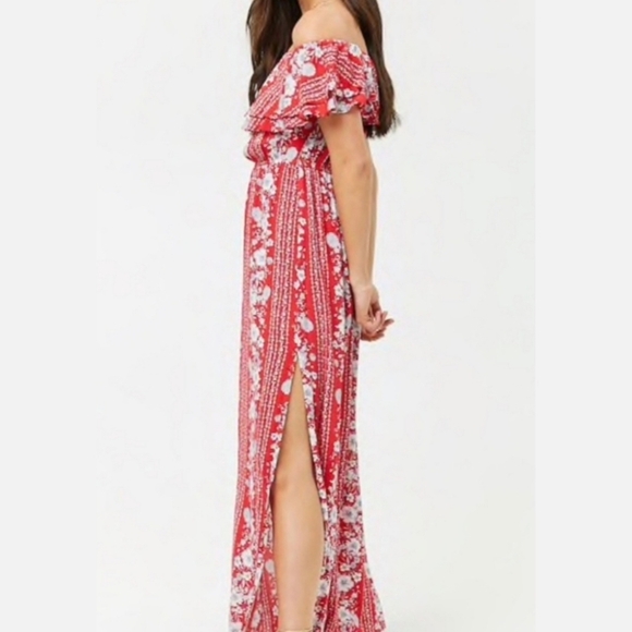 Forever 21 Red Floral Cottagecore Slubbed Cotton Off Shoulder Maxi Dress - Picture 3 of 9